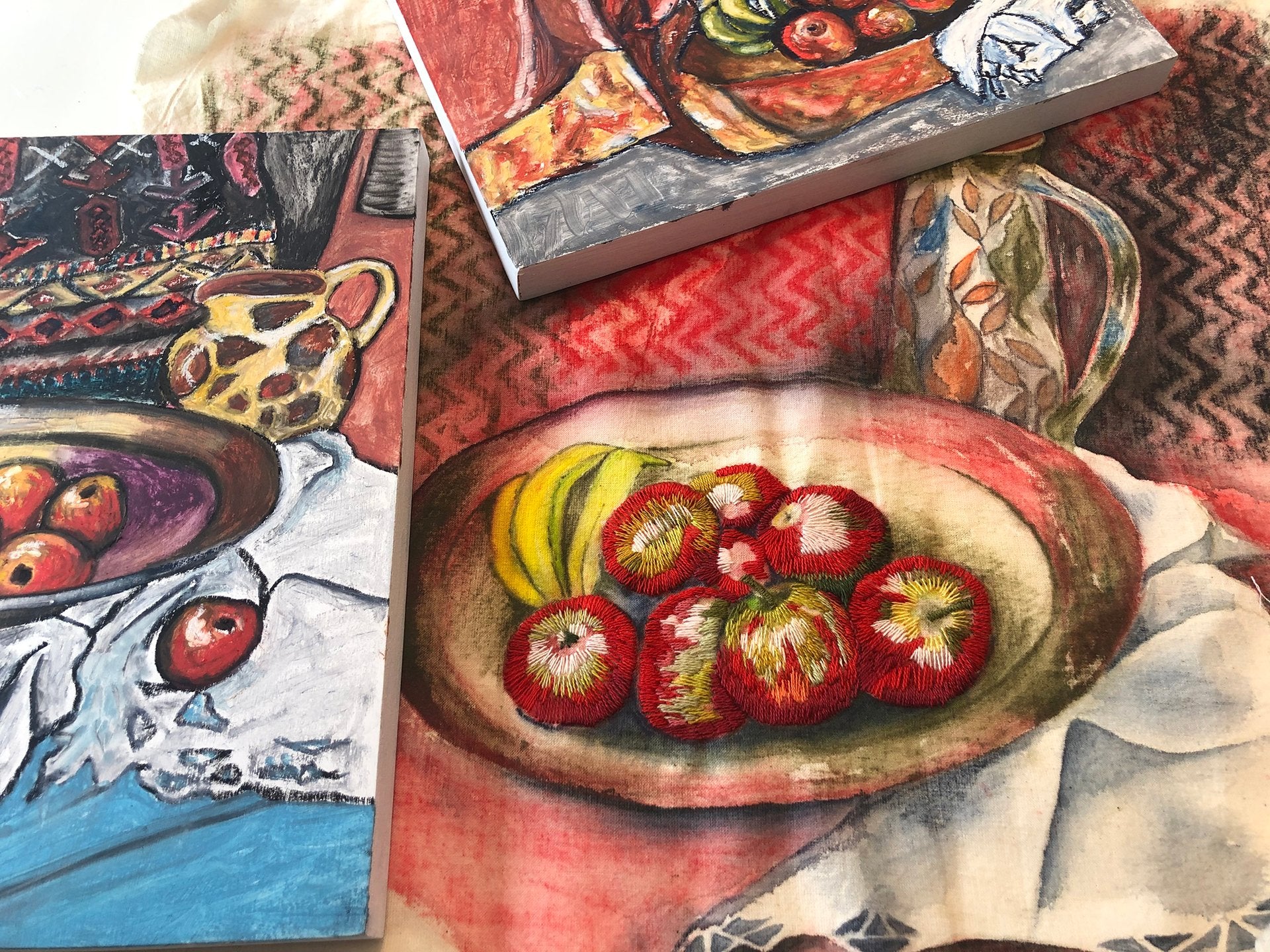 Hand Stitching on Fabric Painting